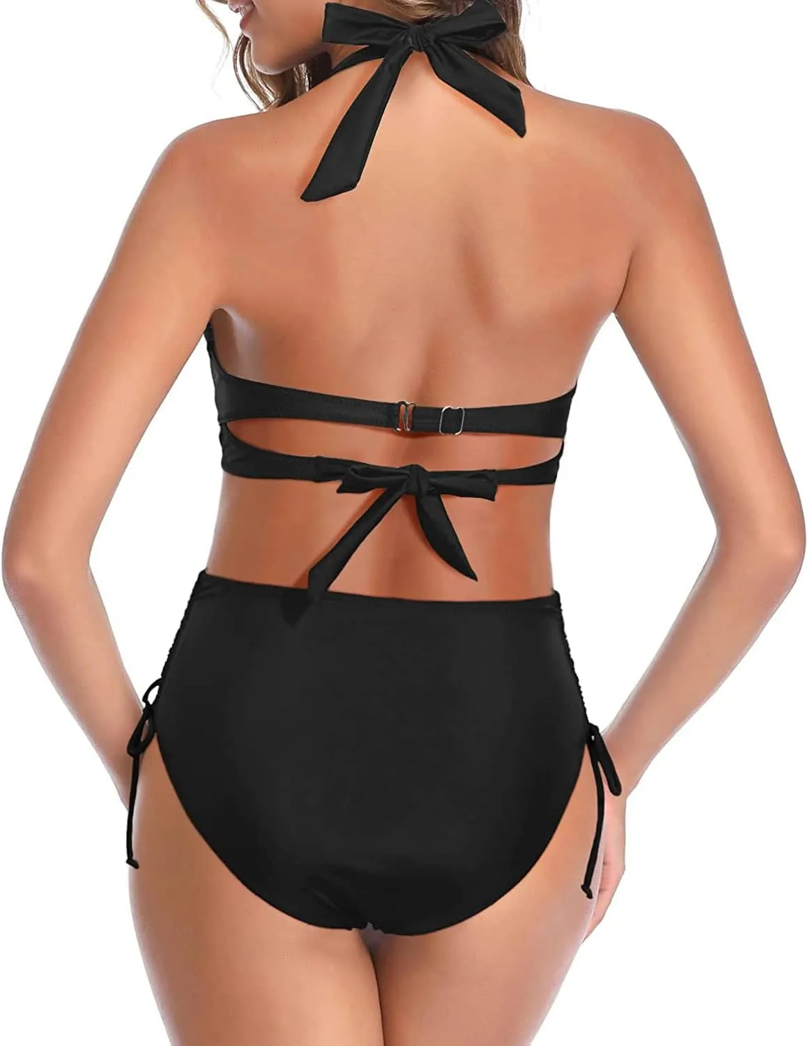 Holipick Women Two Piece Retro Swimsuit Halter Tummy Control High Waisted Bikini with Bottom