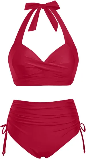 Holipick Women Two Piece Retro Swimsuit Halter Tummy Control High Waisted Bikini with Bottom
