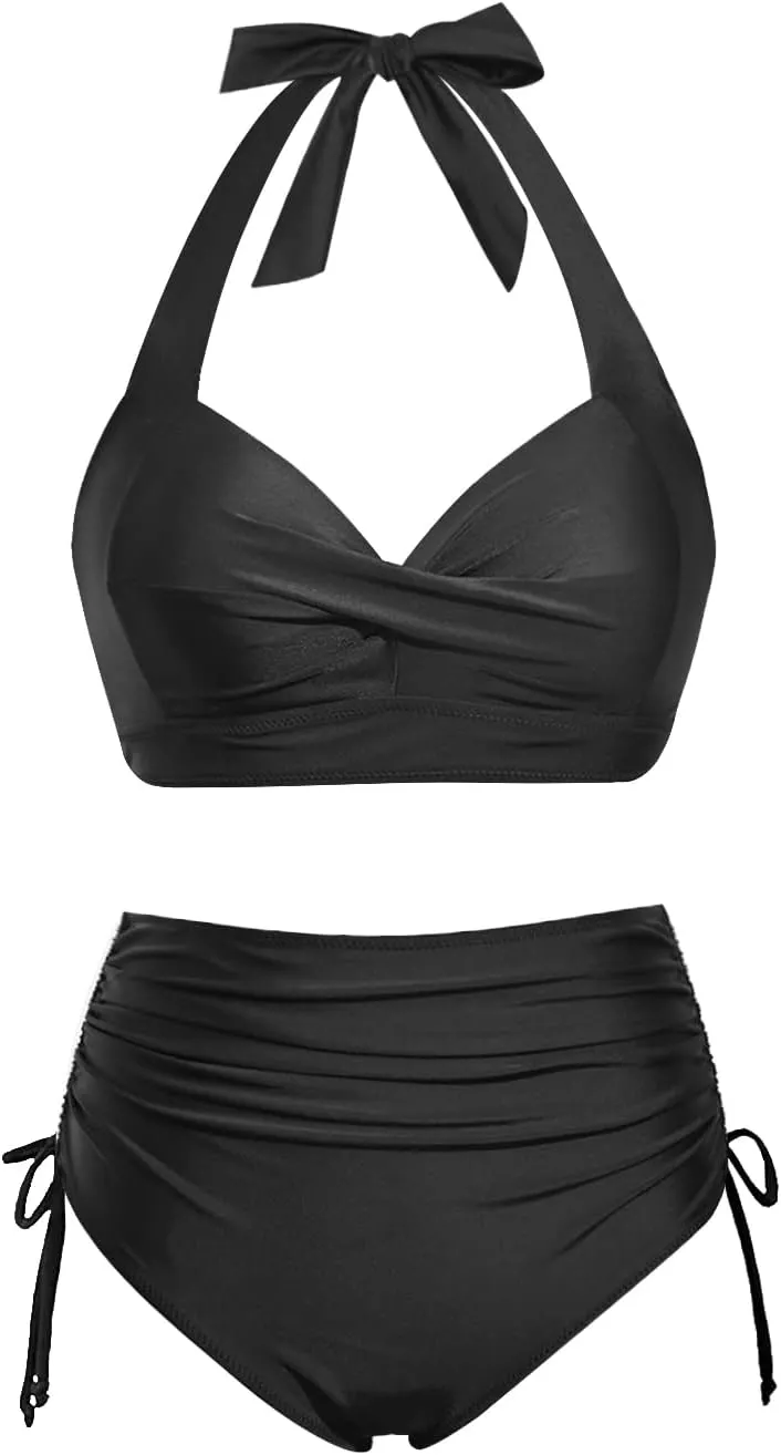 Holipick Women Two Piece Retro Swimsuit Halter Tummy Control High Waisted Bikini with Bottom