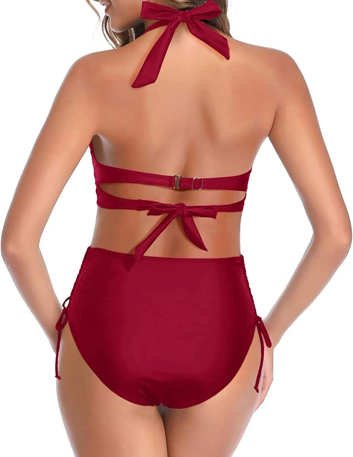 Holipick Women Two Piece Retro Swimsuit Halter Tummy Control High Waisted Bikini with Bottom