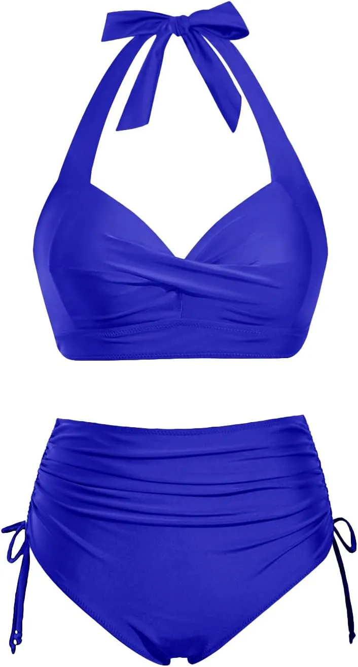 Holipick Women Two Piece Retro Swimsuit Halter Tummy Control High Waisted Bikini with Bottom