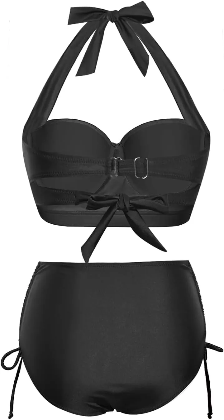 Holipick Women Two Piece Retro Swimsuit Halter Tummy Control High Waisted Bikini with Bottom