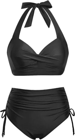 Holipick Women Two Piece Retro Swimsuit Halter Tummy Control High Waisted Bikini with Bottom