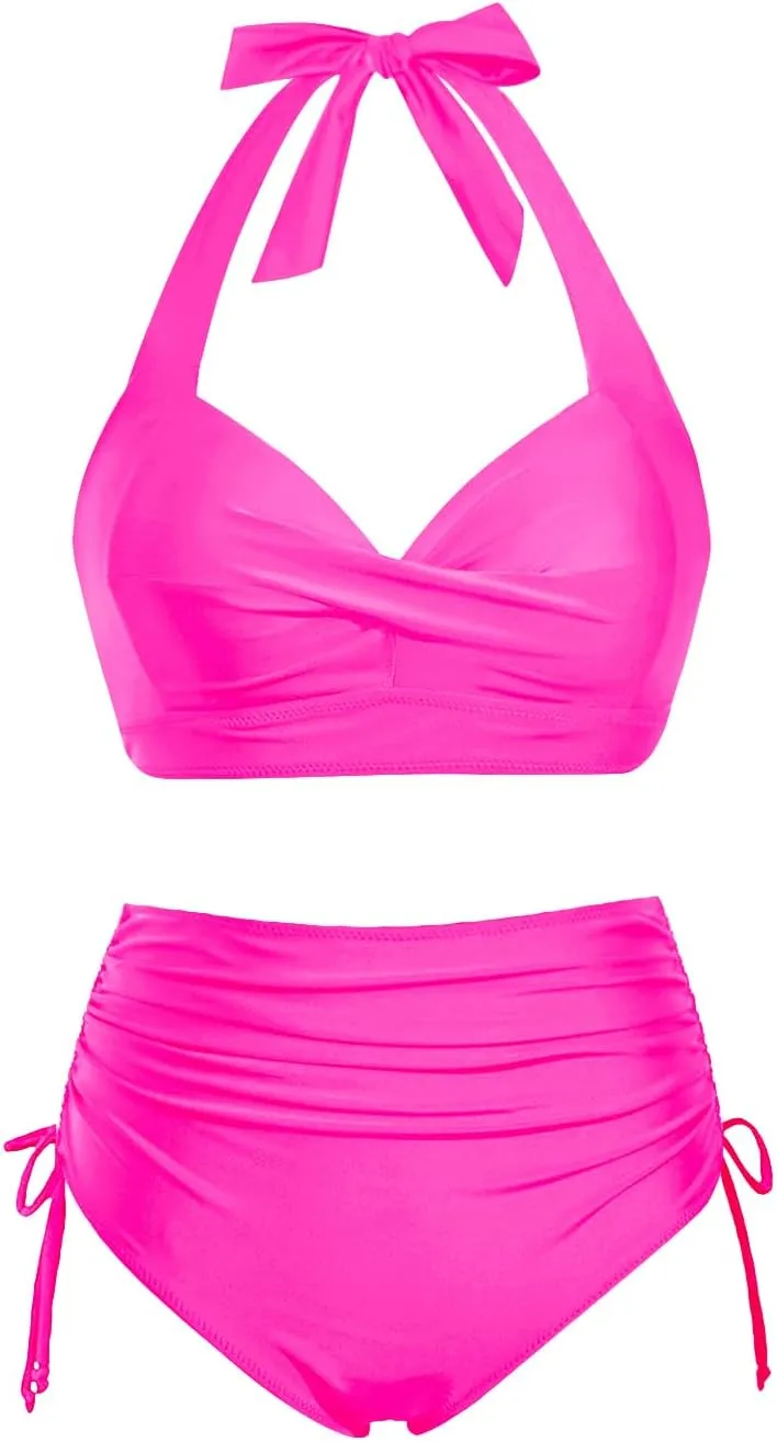 Holipick Women Two Piece Retro Swimsuit Halter Tummy Control High Waisted Bikini with Bottom