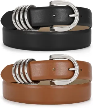 JASGOOD 2 Pack Women's Leather Belts for Jeans Pants Fashion Ladies Dress Waist Belts with Gold Buckle