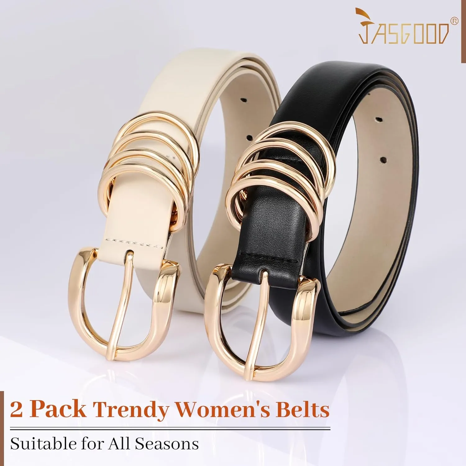 JASGOOD 2 Pack Women's Leather Belts for Jeans Pants Fashion Ladies Dress Waist Belts with Gold Buckle