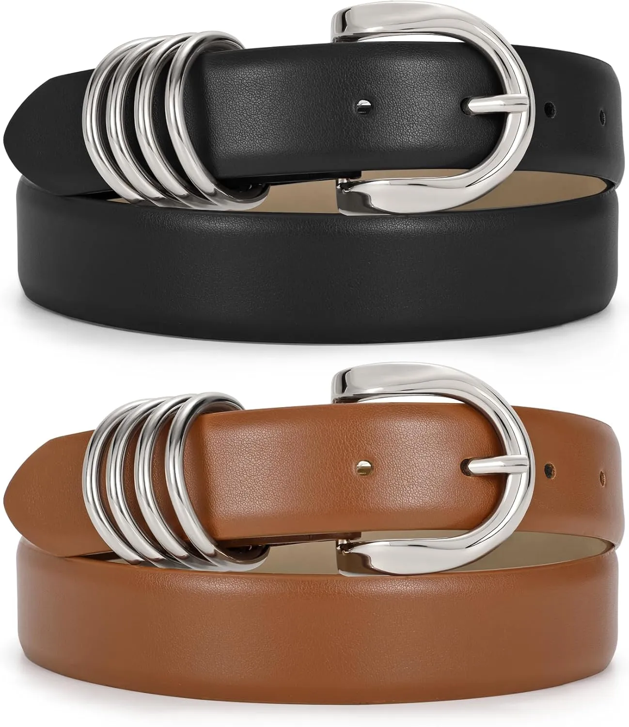JASGOOD 2 Pack Women's Leather Belts for Jeans Pants Fashion Ladies Dress Waist Belts with Gold Buckle
