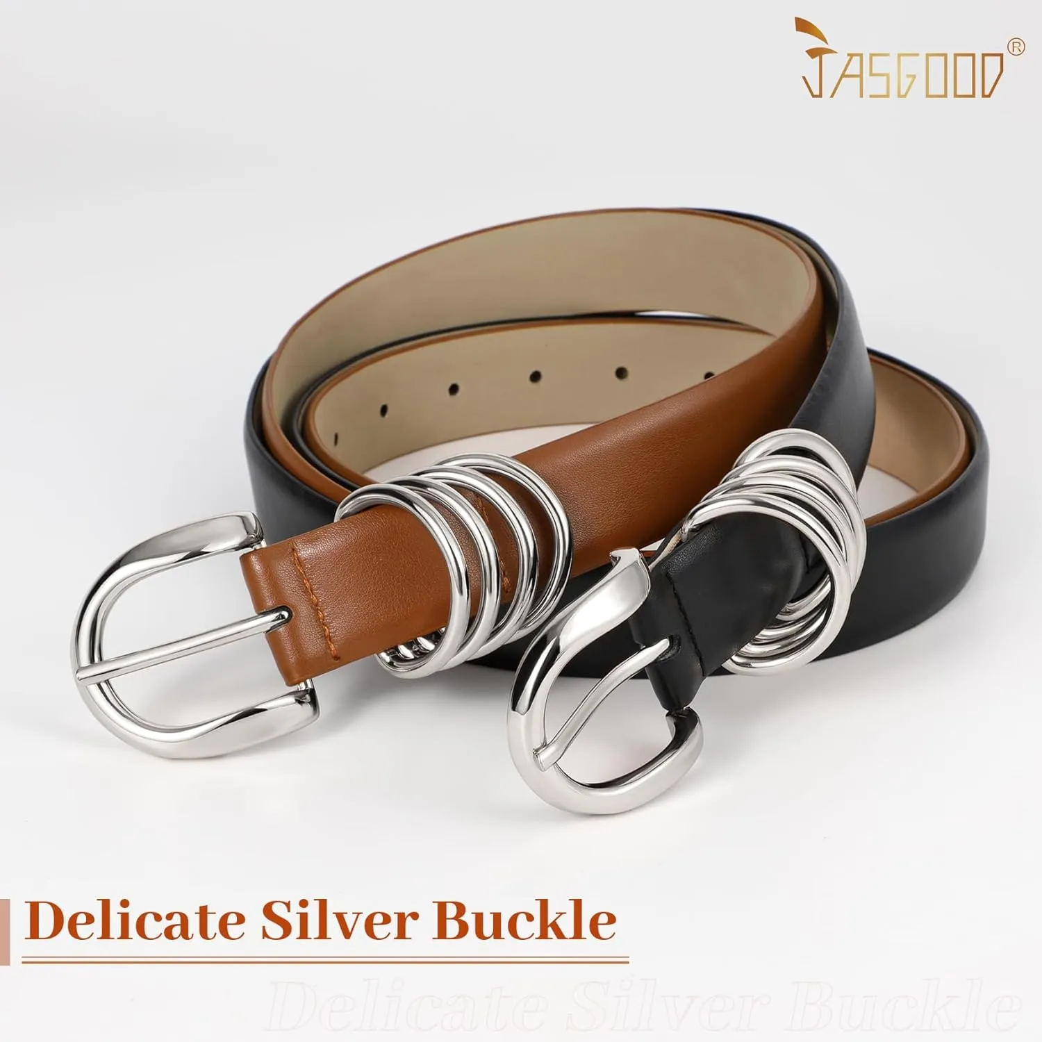 JASGOOD 2 Pack Women's Leather Belts for Jeans Pants Fashion Ladies Dress Waist Belts with Gold Buckle