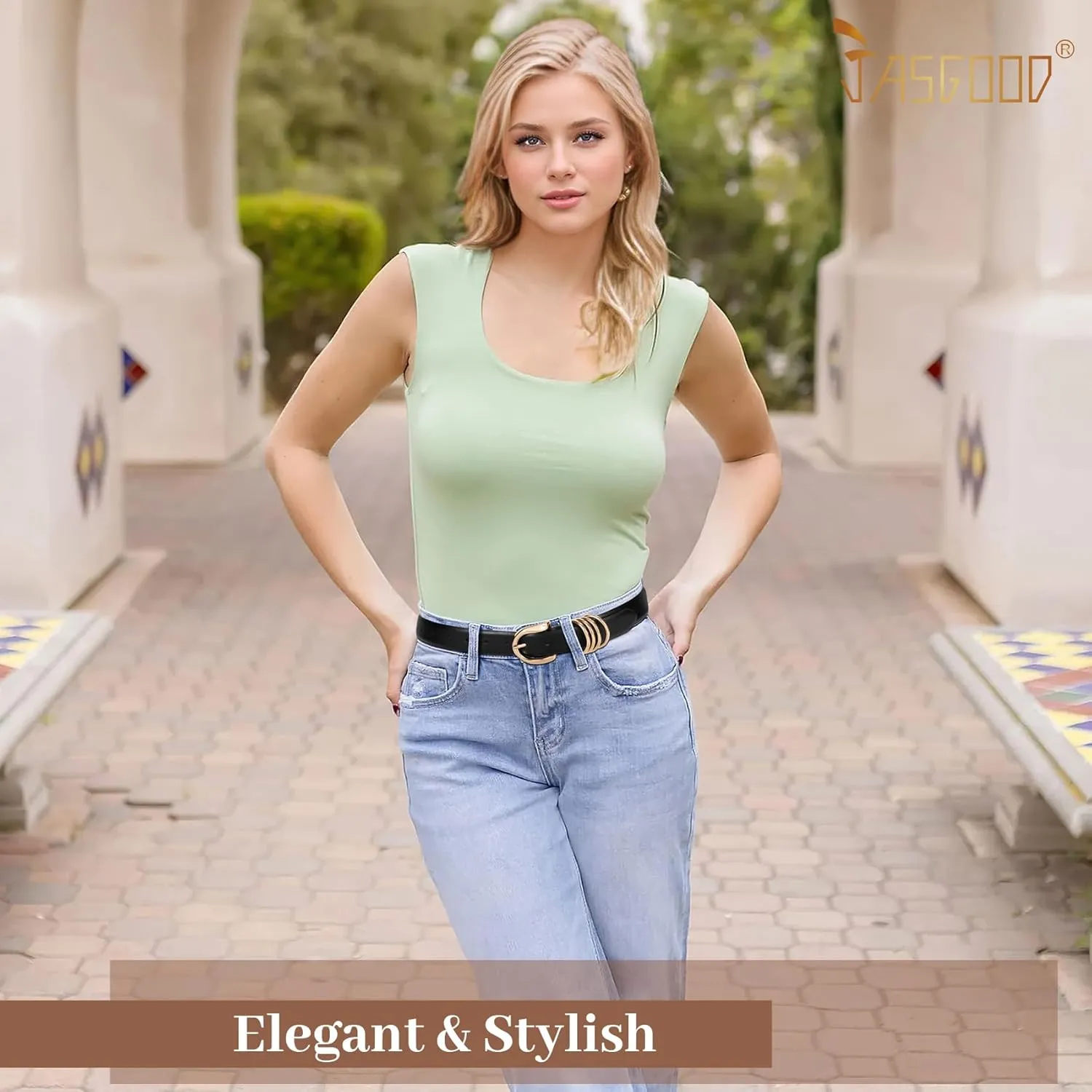 JASGOOD 2 Pack Women's Leather Belts for Jeans Pants Fashion Ladies Dress Waist Belts with Gold Buckle