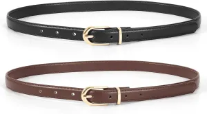 JASGOOD 2 Pack Womens Skinny Leather Belt Ladies Thin Faux Leather Belt with Gold/Silver Buckle for Jeans Dress Pants