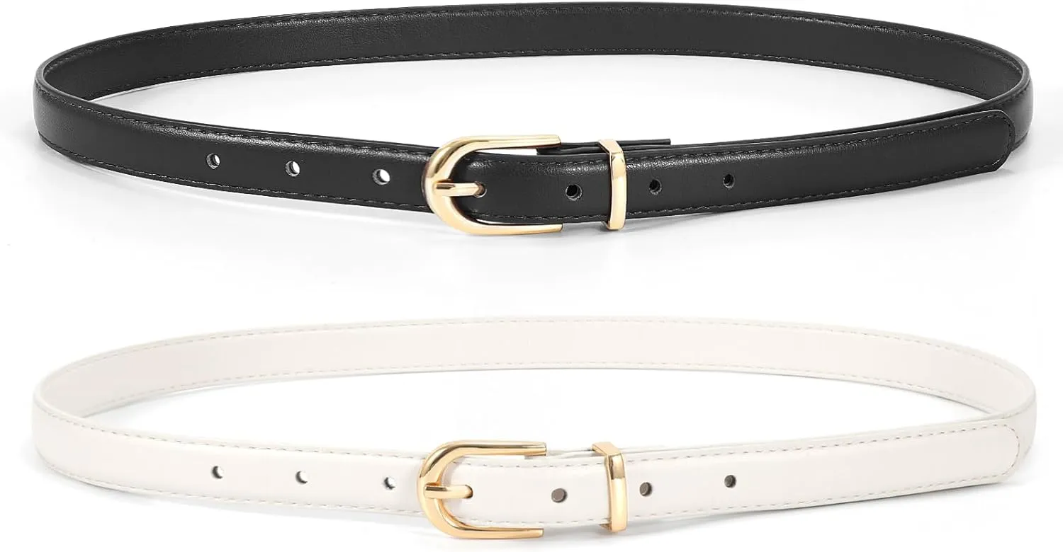 JASGOOD 2 Pack Womens Skinny Leather Belt Ladies Thin Faux Leather Belt with Gold/Silver Buckle for Jeans Dress Pants