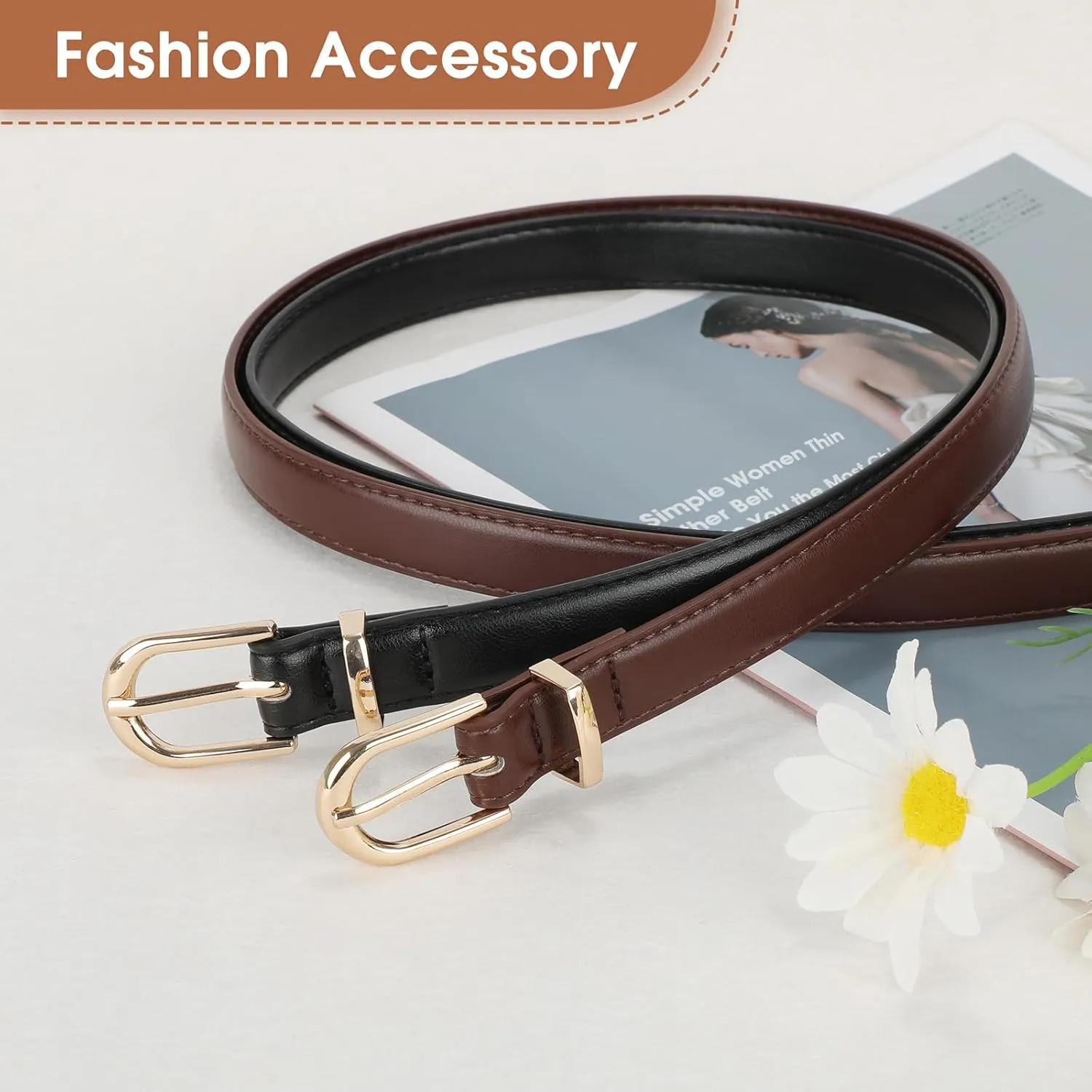 JASGOOD 2 Pack Womens Skinny Leather Belt Ladies Thin Faux Leather Belt with Gold/Silver Buckle for Jeans Dress Pants