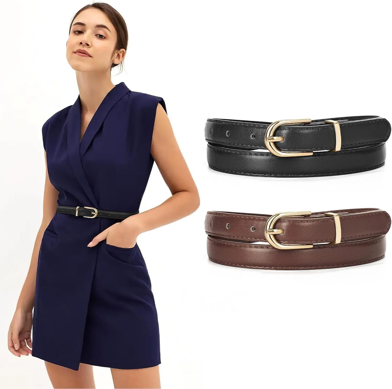 JASGOOD 2 Pack Womens Skinny Leather Belt Ladies Thin Faux Leather Belt with Gold/Silver Buckle for Jeans Dress Pants