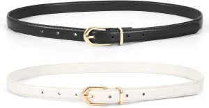 JASGOOD 2 Pack Womens Skinny Leather Belt Ladies Thin Faux Leather Belt with Gold/Silver Buckle for Jeans Dress Pants