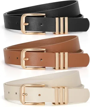 JASGOOD 3 Pack Women's Leather Belts Ladies Fashion Leather Belts for Jeans Pants Dress with Gold Buckle