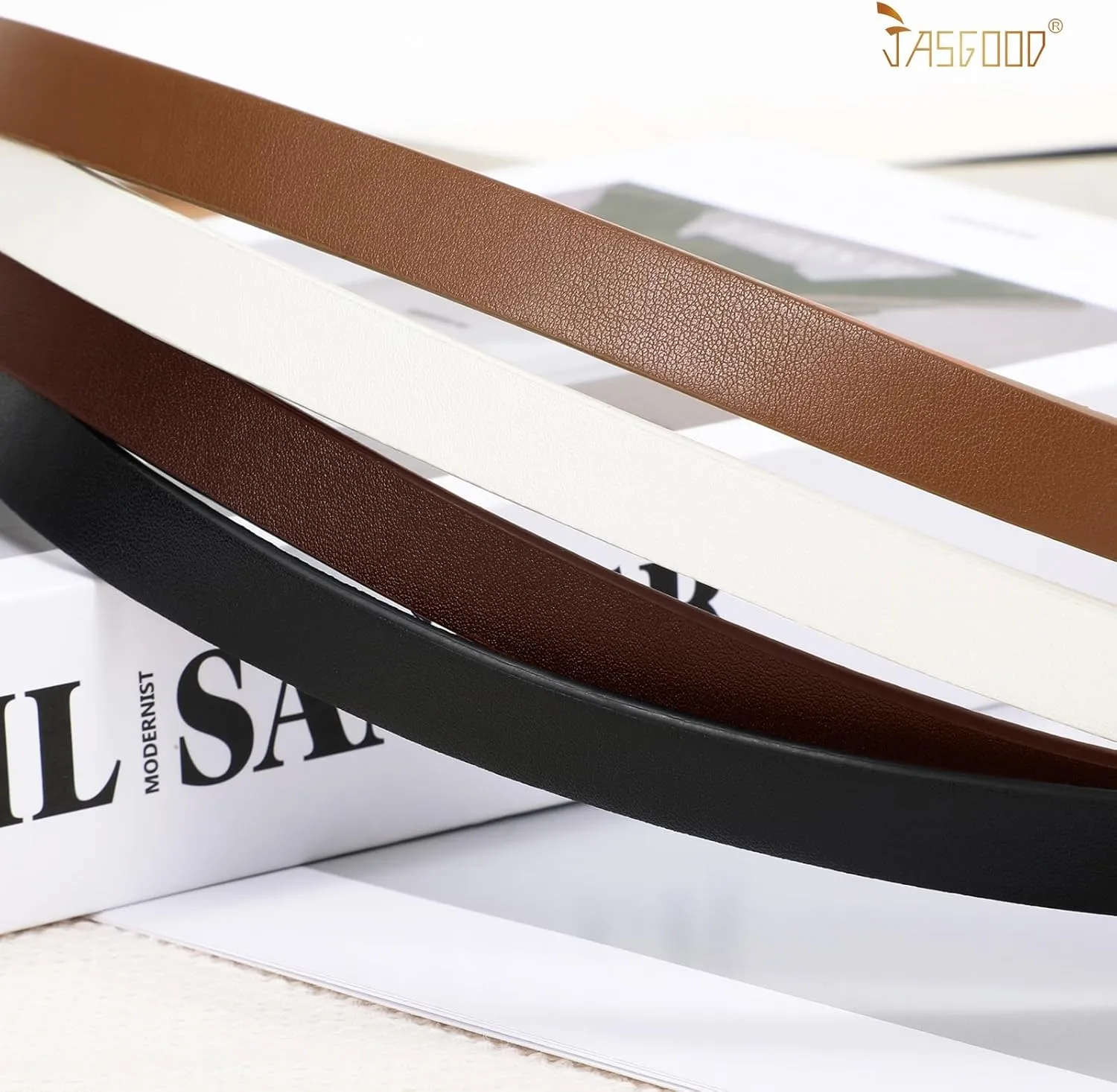 JASGOOD 4 Pack Women Skinny Leather Belt Thin Waist Belt with Gold Buckle for Jeans Pants Dress