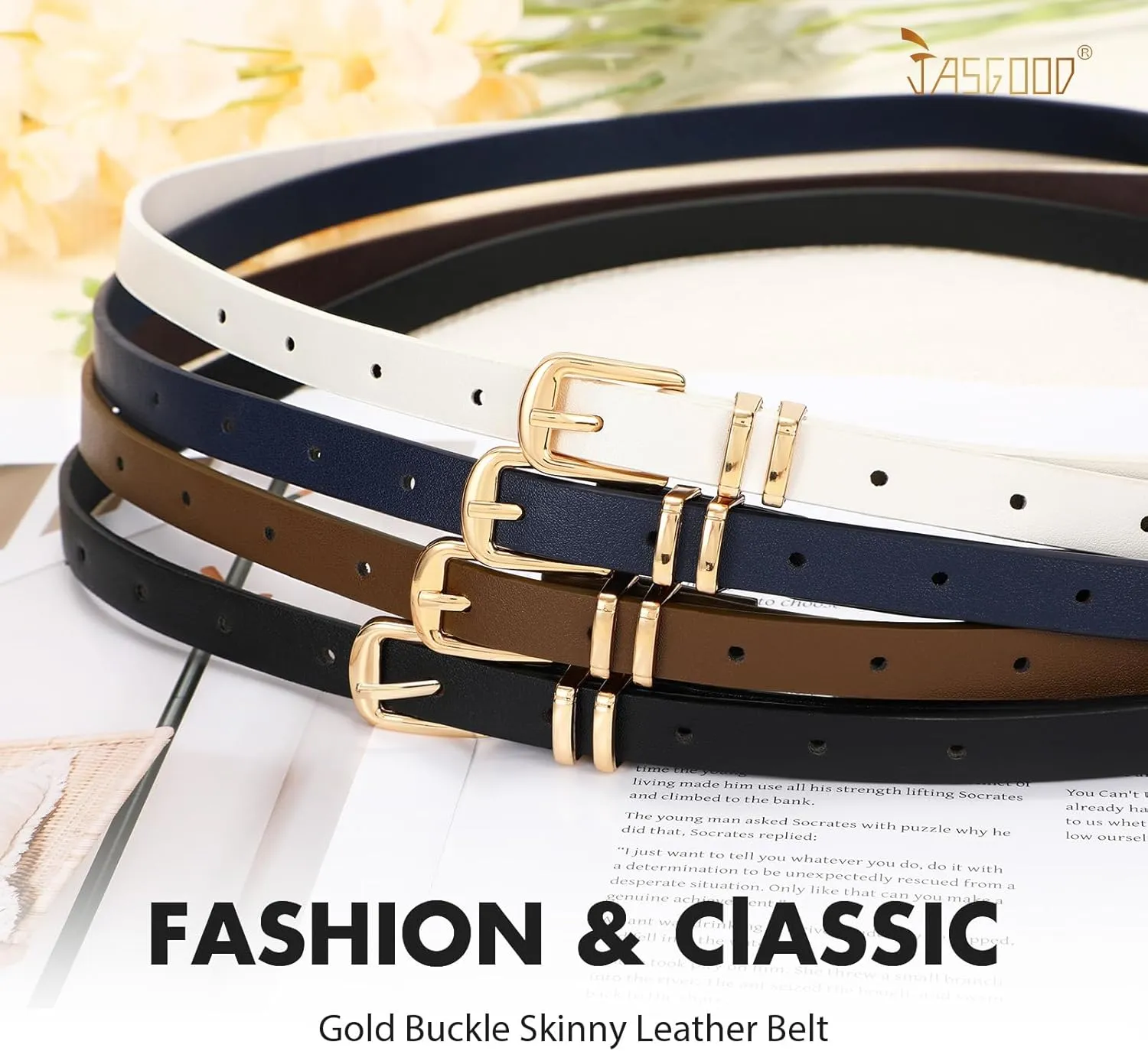 JASGOOD 4 Pack Women Skinny Leather Belt Thin Waist Belt with Gold Buckle for Jeans Pants Dress