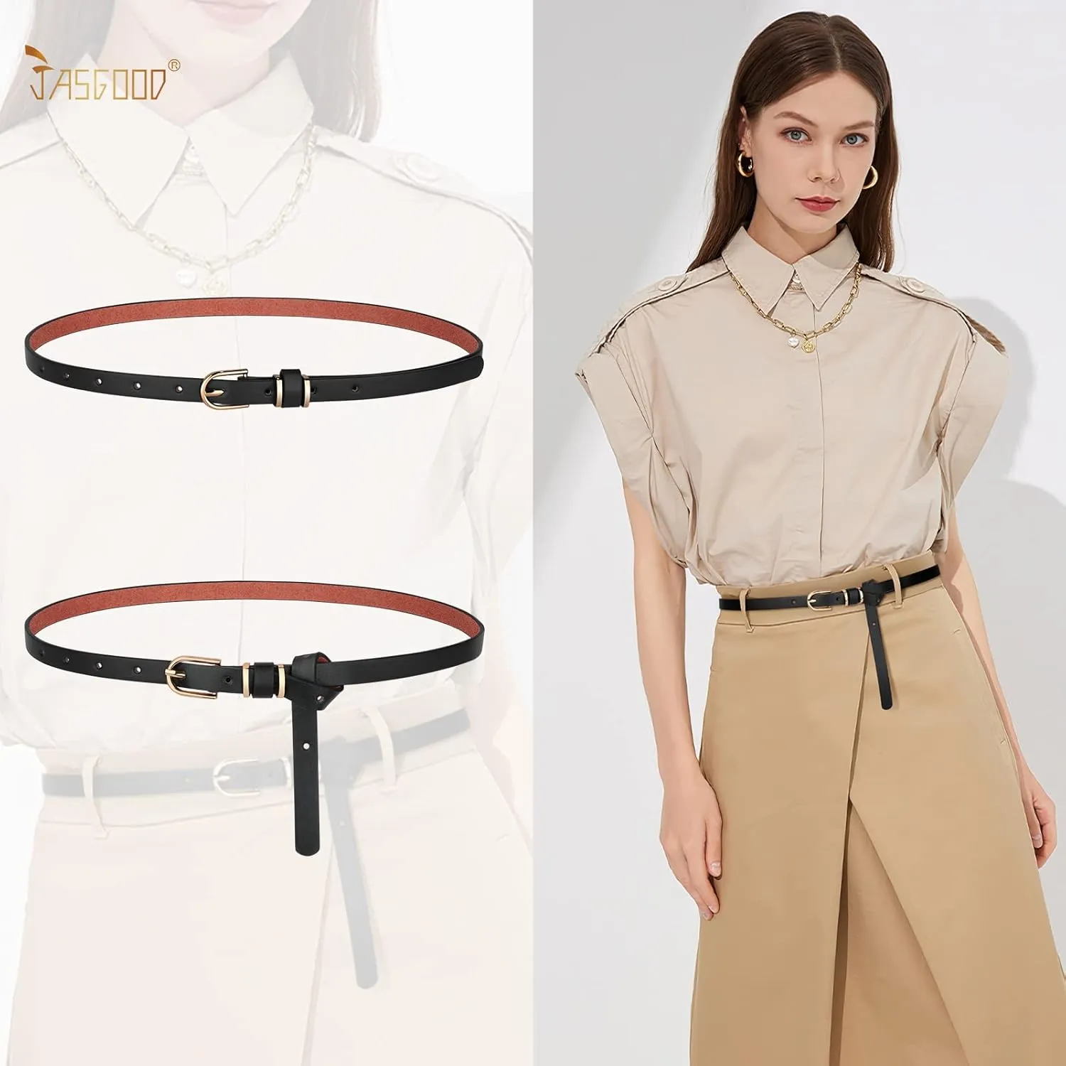 JASGOOD 4 Pack Women Skinny Leather Belt Thin Waist Belt with Gold Buckle for Jeans Pants Dress