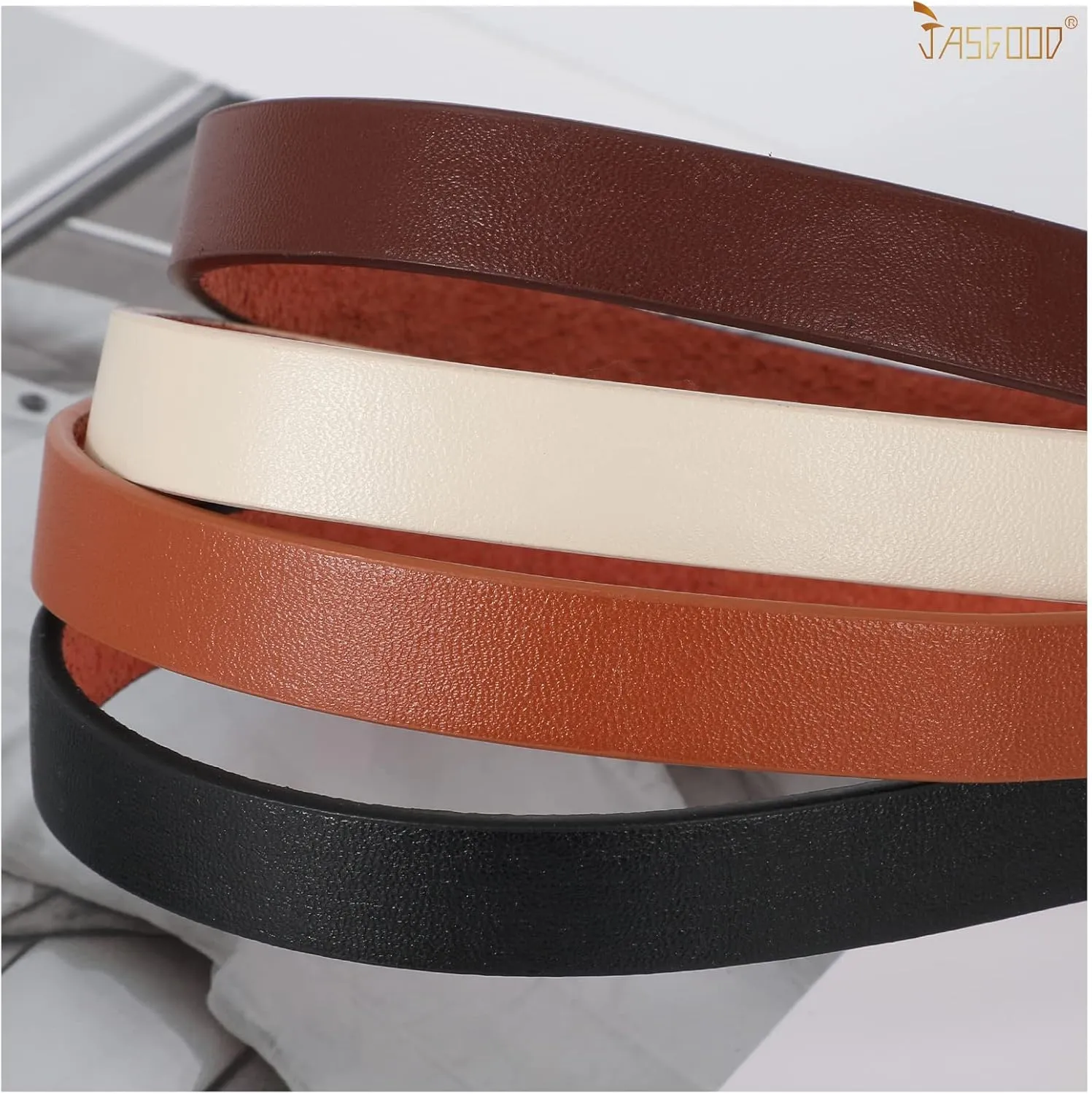 JASGOOD 4 Pack Women Skinny Leather Belt Thin Waist Belt with Gold Buckle for Jeans Pants Dress