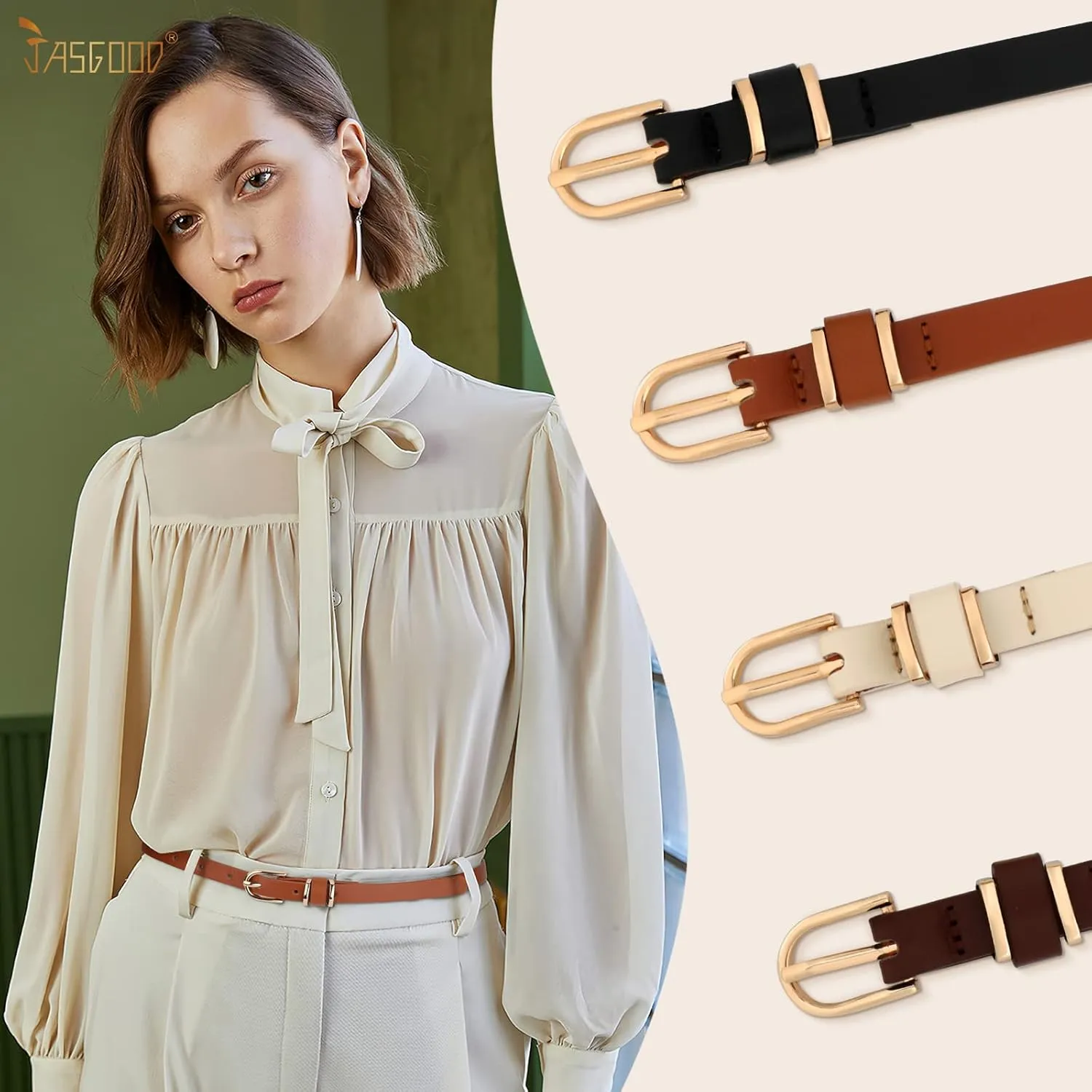 JASGOOD 4 Pack Women Skinny Leather Belt Thin Waist Belt with Gold Buckle for Jeans Pants Dress