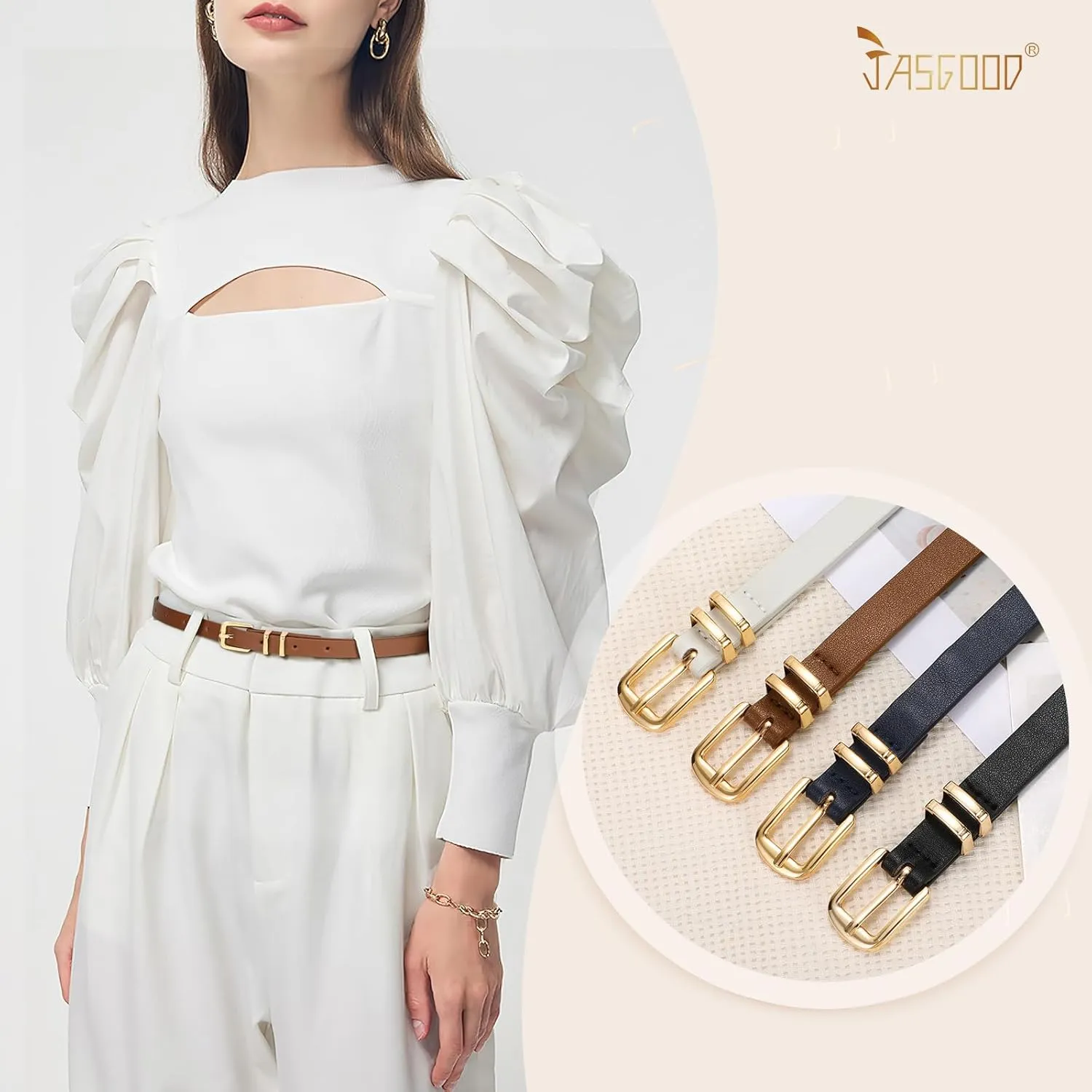 JASGOOD 4 Pack Women Skinny Leather Belt Thin Waist Belt with Gold Buckle for Jeans Pants Dress
