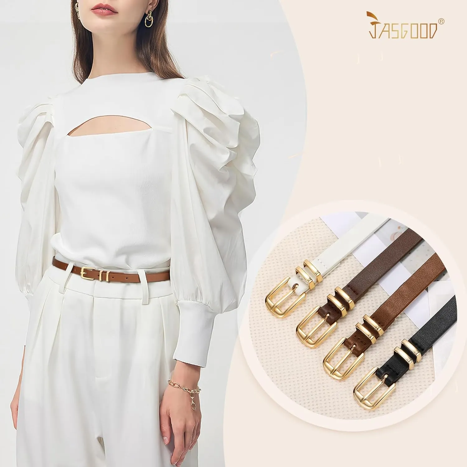 JASGOOD 4 Pack Women Skinny Leather Belt Thin Waist Belt with Gold Buckle for Jeans Pants Dress