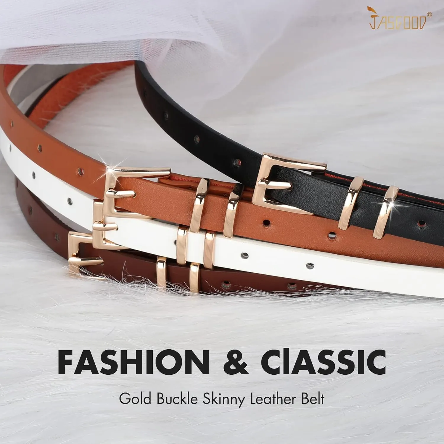 JASGOOD 4 Pack Women Skinny Leather Belt Thin Waist Belt with Gold Buckle for Jeans Pants Dress