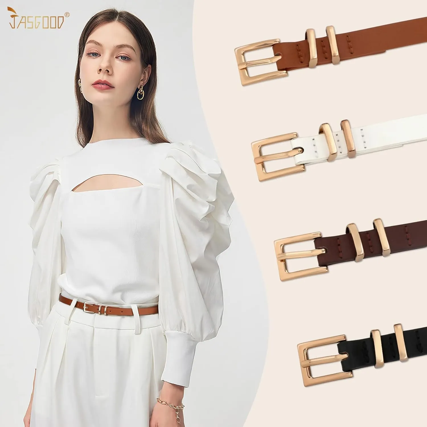 JASGOOD 4 Pack Women Skinny Leather Belt Thin Waist Belt with Gold Buckle for Jeans Pants Dress
