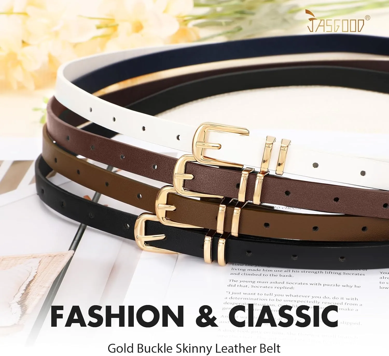 JASGOOD 4 Pack Women Skinny Leather Belt Thin Waist Belt with Gold Buckle for Jeans Pants Dress