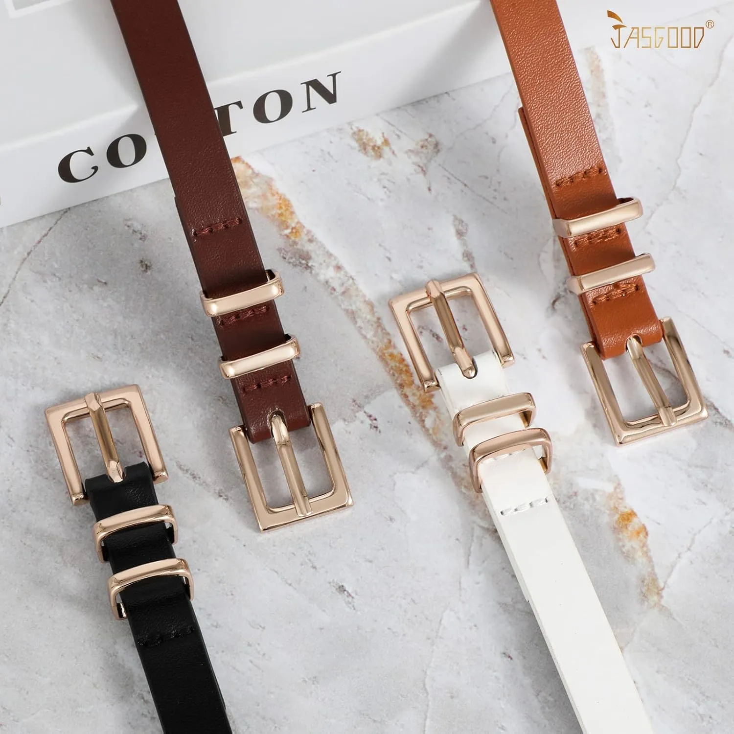 JASGOOD 4 Pack Women Skinny Leather Belt Thin Waist Belt with Gold Buckle for Jeans Pants Dress