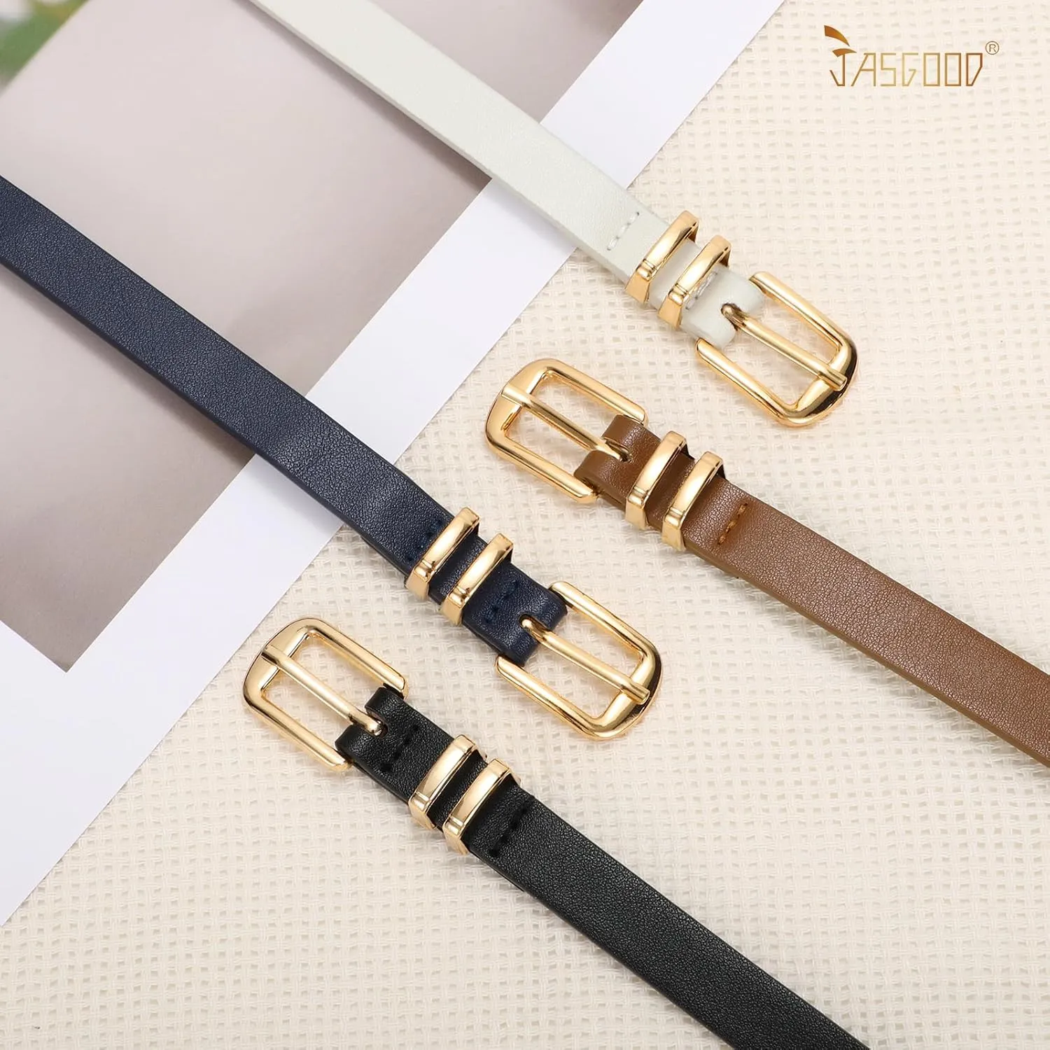 JASGOOD 4 Pack Women Skinny Leather Belt Thin Waist Belt with Gold Buckle for Jeans Pants Dress