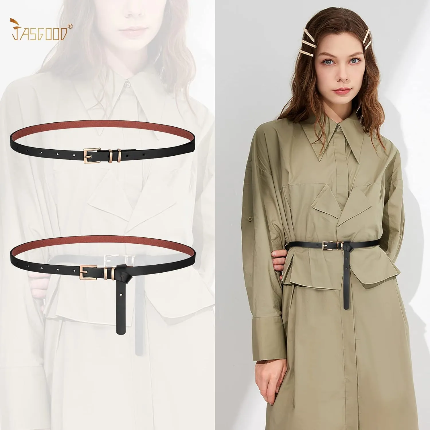 JASGOOD 4 Pack Women Skinny Leather Belt Thin Waist Belt with Gold Buckle for Jeans Pants Dress