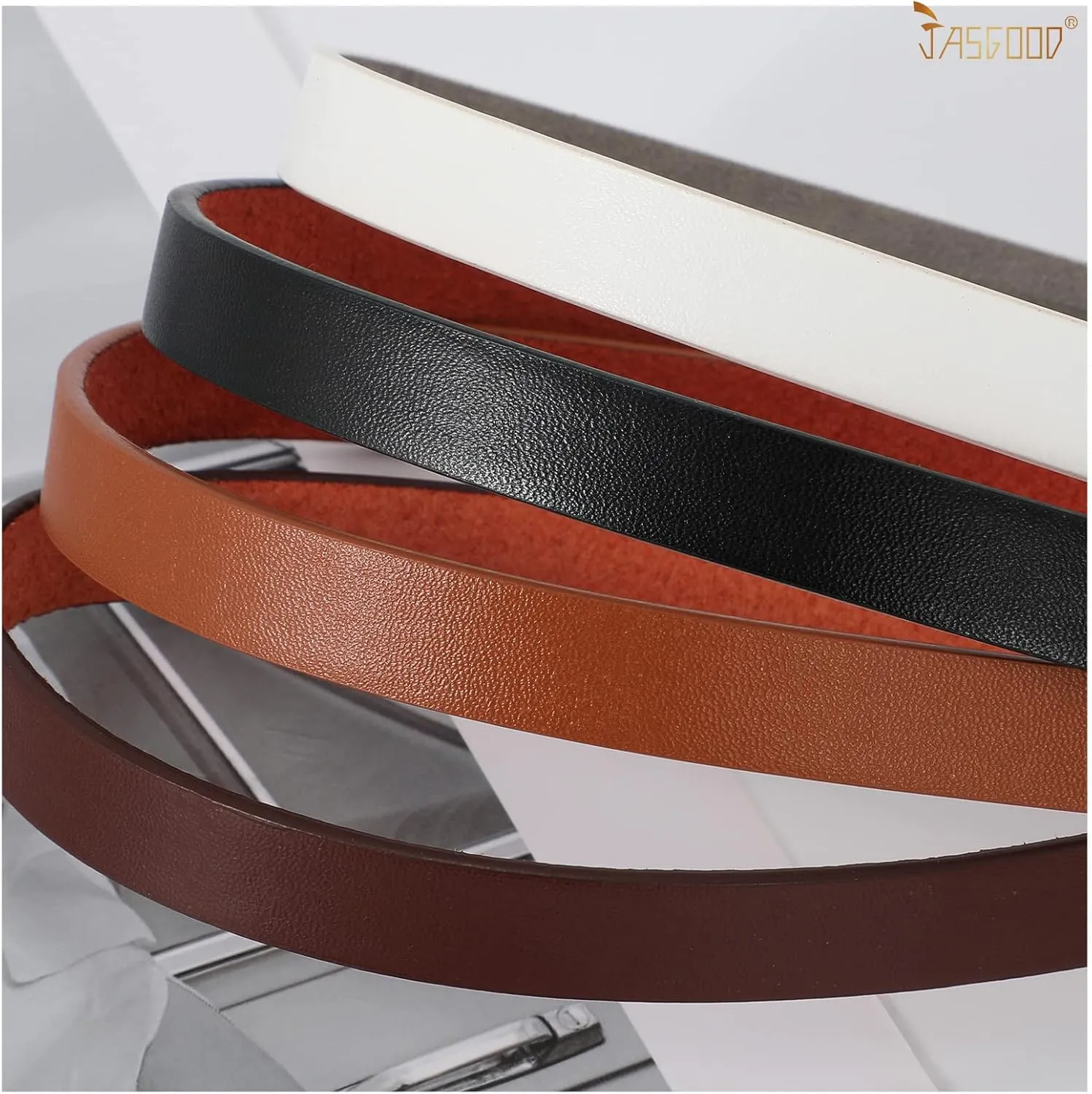 JASGOOD 4 Pack Women Skinny Leather Belt Thin Waist Belt with Gold Buckle for Jeans Pants Dress