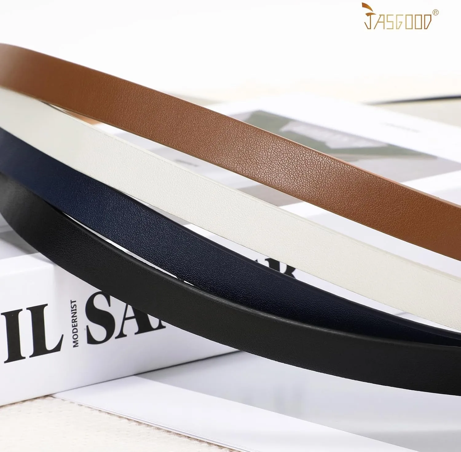 JASGOOD 4 Pack Women Skinny Leather Belt Thin Waist Belt with Gold Buckle for Jeans Pants Dress