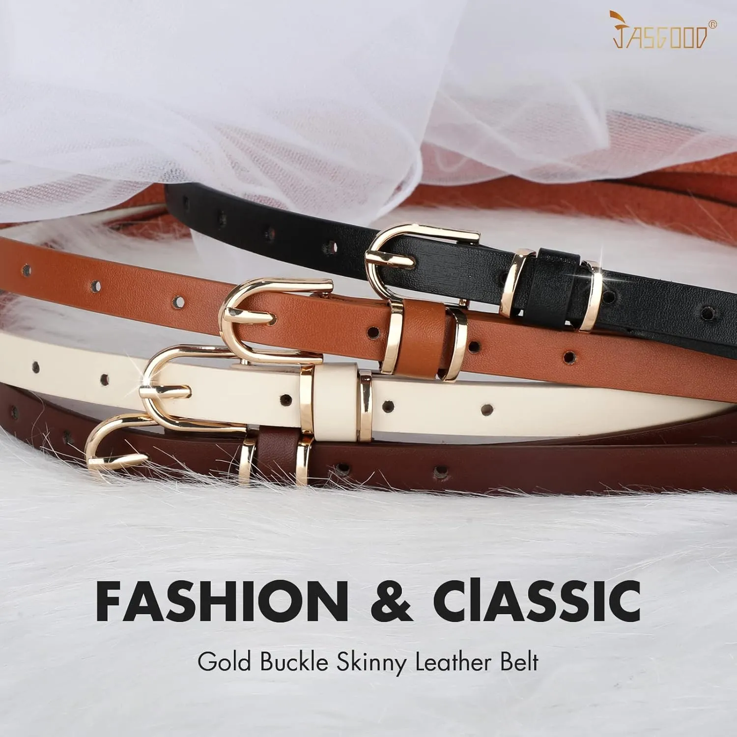 JASGOOD 4 Pack Women Skinny Leather Belt Thin Waist Belt with Gold Buckle for Jeans Pants Dress