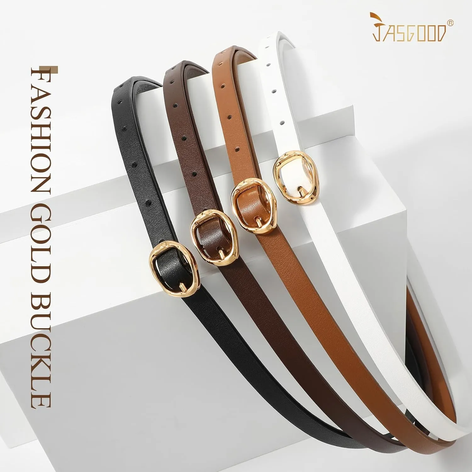 JASGOOD 4 Pack Women Skinny Leather Belts Slim Thin Belt for Dresses Jeans Pants Ladies Small Waist Belt