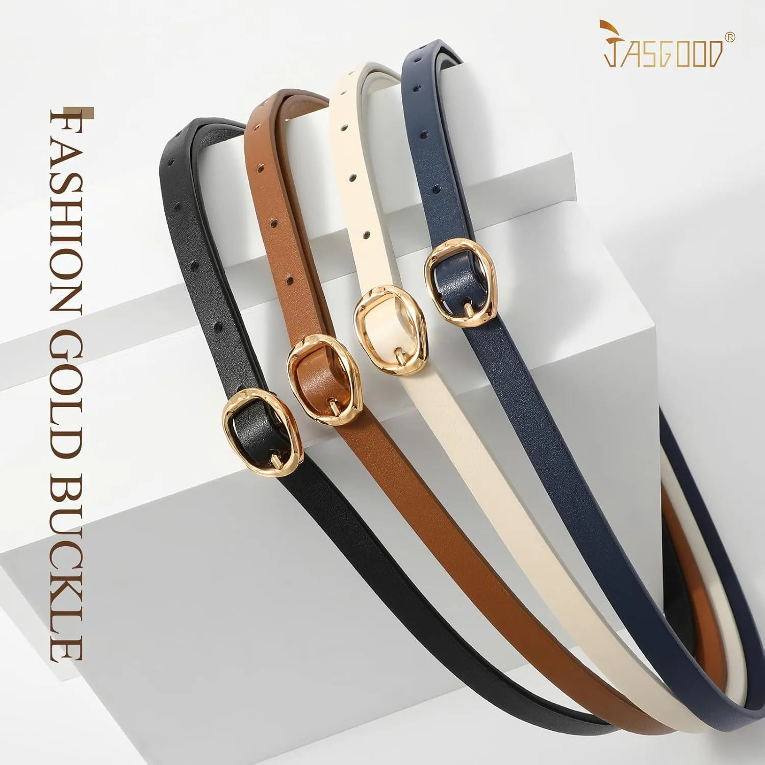 JASGOOD 4 Pack Women Skinny Leather Belts Slim Thin Belt for Dresses Jeans Pants Ladies Small Waist Belt