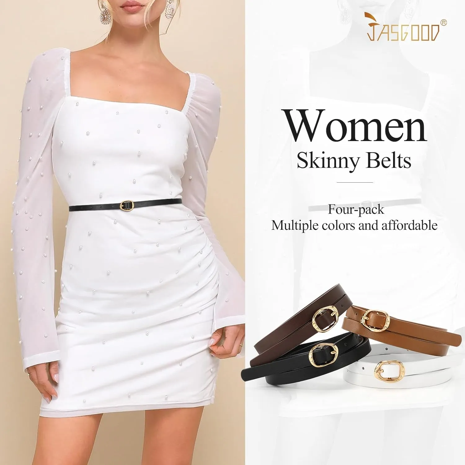 JASGOOD 4 Pack Women Skinny Leather Belts Slim Thin Belt for Dresses Jeans Pants Ladies Small Waist Belt