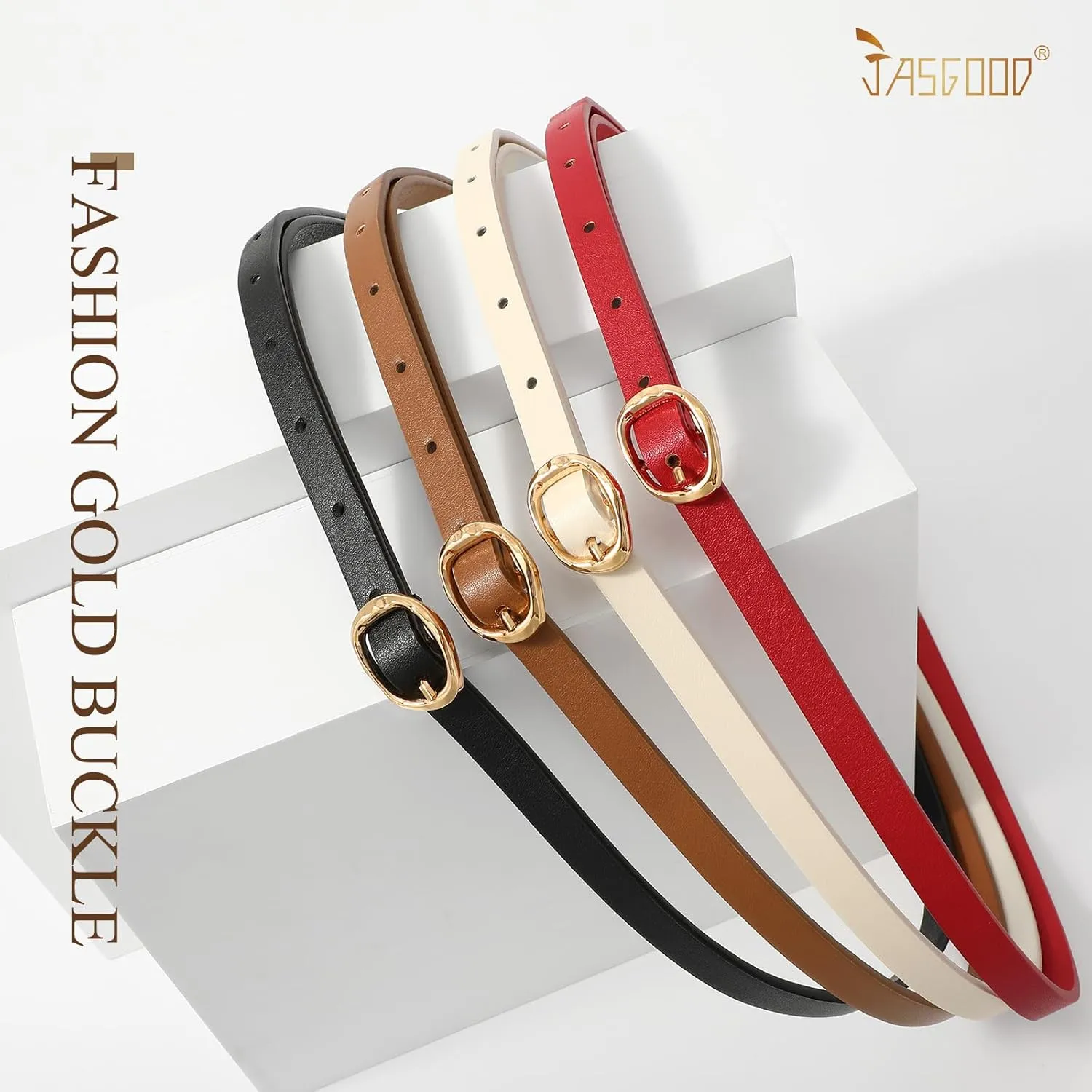 JASGOOD 4 Pack Women Skinny Leather Belts Slim Thin Belt for Dresses Jeans Pants Ladies Small Waist Belt