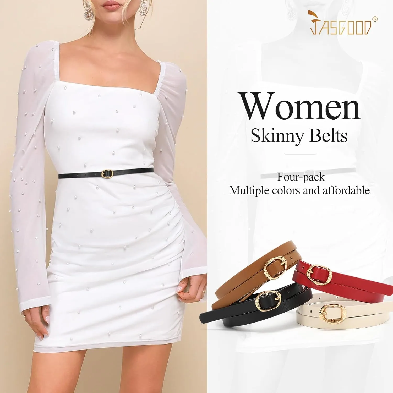 JASGOOD 4 Pack Women Skinny Leather Belts Slim Thin Belt for Dresses Jeans Pants Ladies Small Waist Belt
