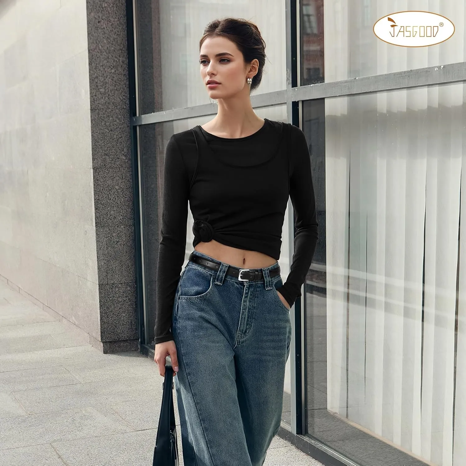 JASGOOD Women Leather Belt for Pants Jeans Casual Fashion Ladies Skinny Leather Waist Belt for Dress with Gold Buckle