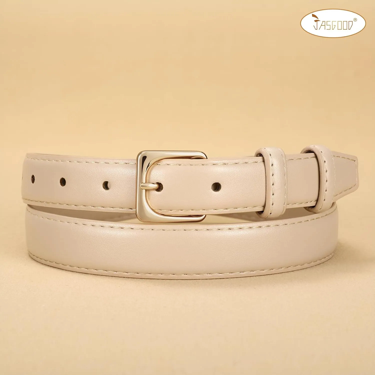 JASGOOD Women Leather Belt for Pants Jeans Casual Fashion Ladies Skinny Leather Waist Belt for Dress with Gold Buckle