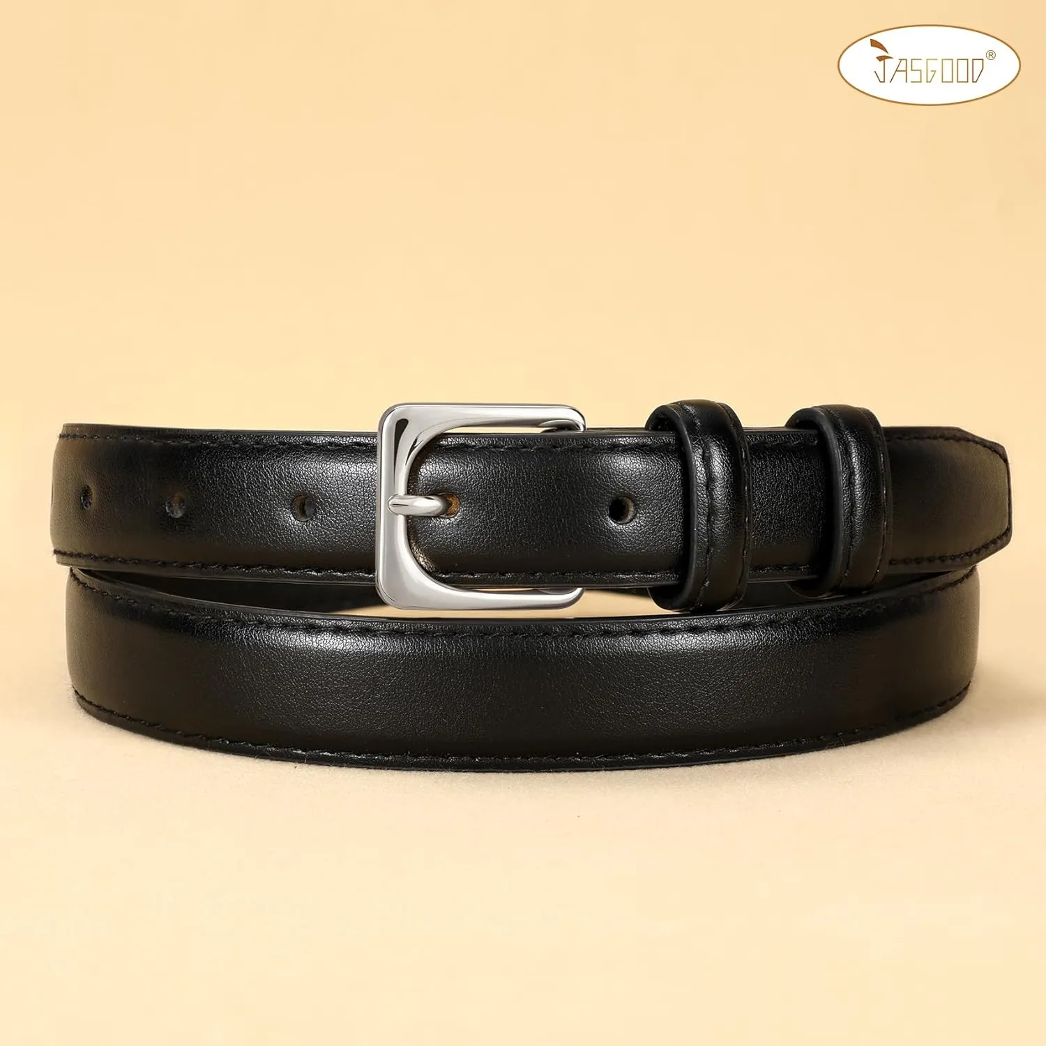 JASGOOD Women Leather Belt for Pants Jeans Casual Fashion Ladies Skinny Leather Waist Belt for Dress with Gold Buckle