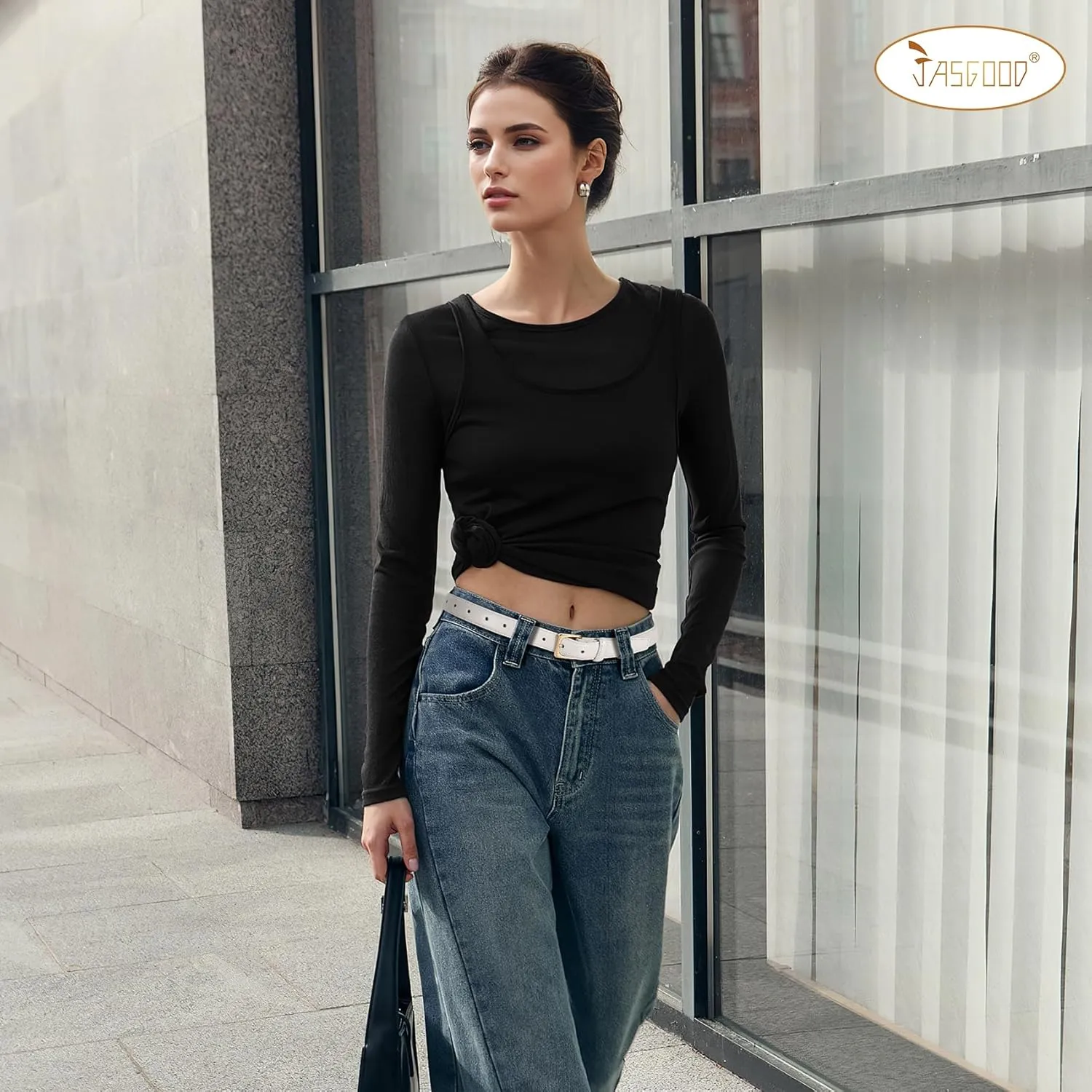 JASGOOD Women Leather Belt for Pants Jeans Casual Fashion Ladies Skinny Leather Waist Belt for Dress with Gold Buckle