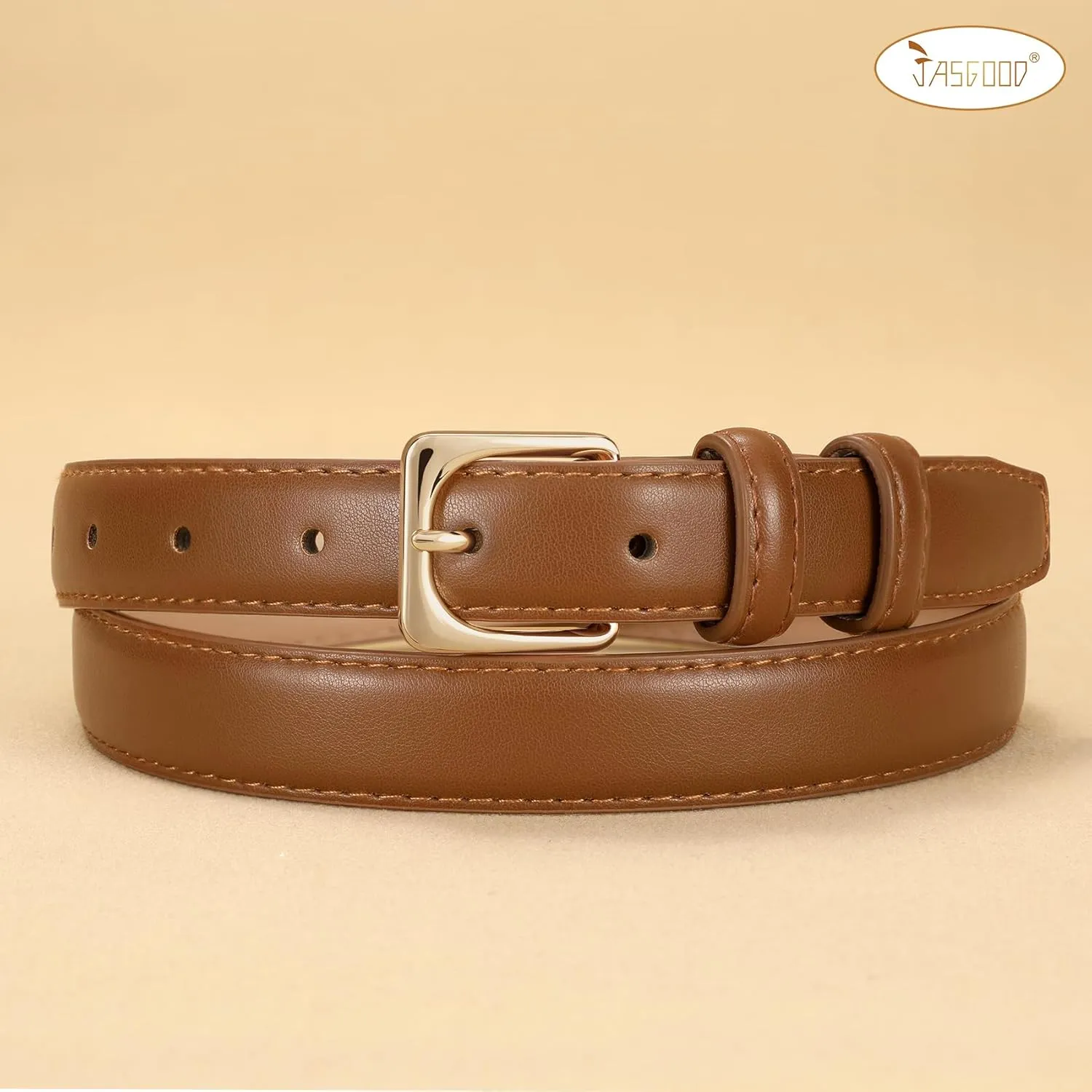JASGOOD Women Leather Belt for Pants Jeans Casual Fashion Ladies Skinny Leather Waist Belt for Dress with Gold Buckle