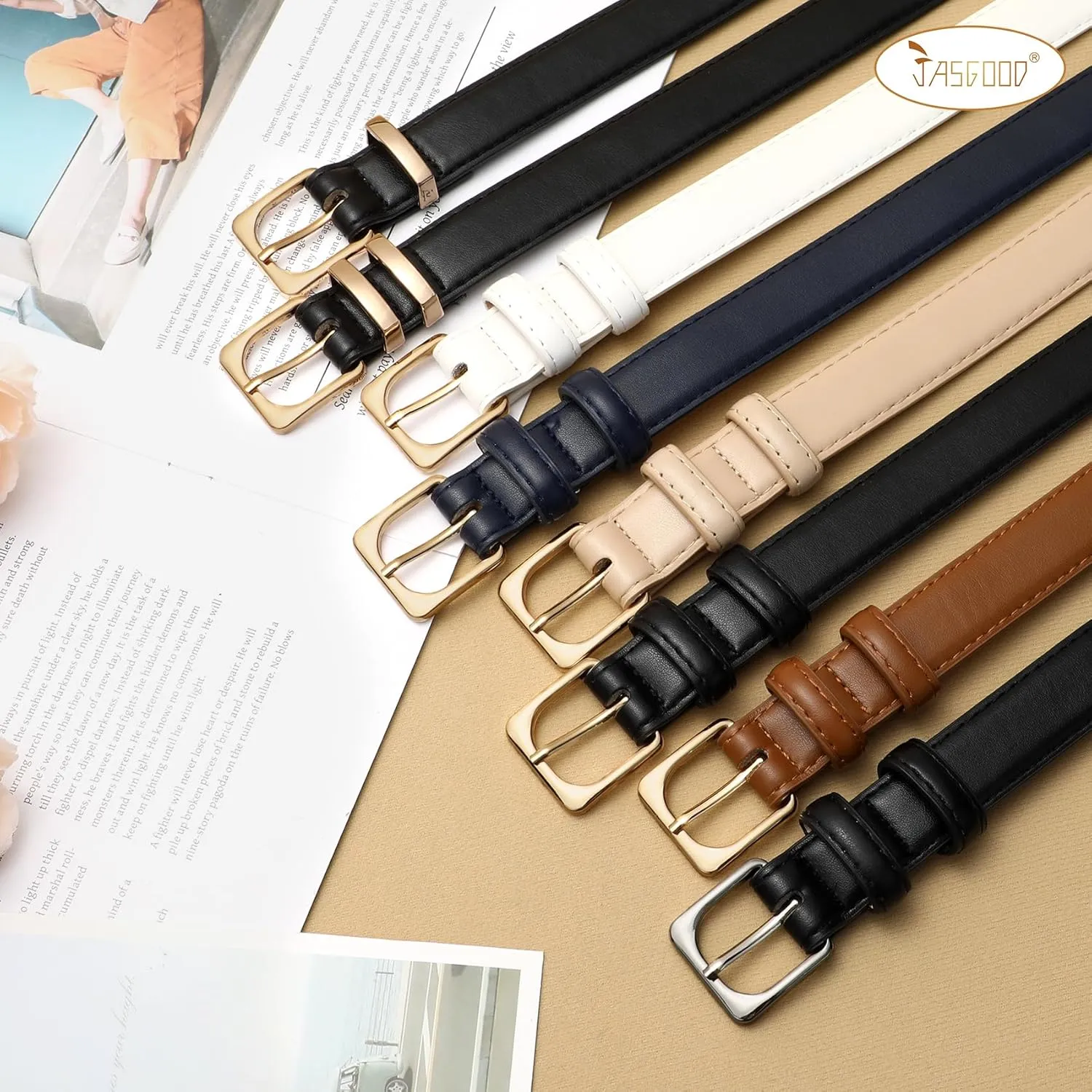 JASGOOD Women Leather Belt for Pants Jeans Casual Fashion Ladies Skinny Leather Waist Belt for Dress with Gold Buckle