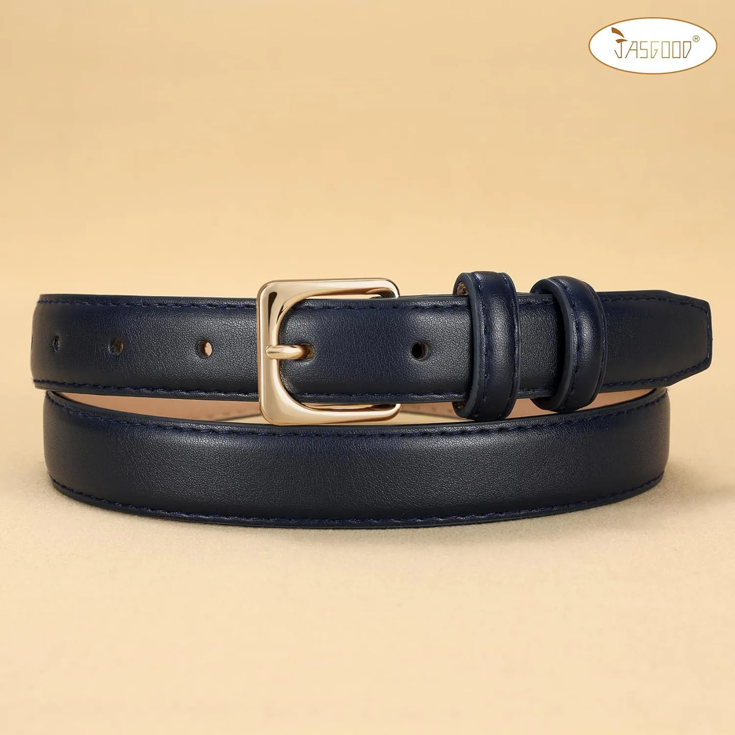 JASGOOD Women Leather Belt for Pants Jeans Casual Fashion Ladies Skinny Leather Waist Belt for Dress with Gold Buckle
