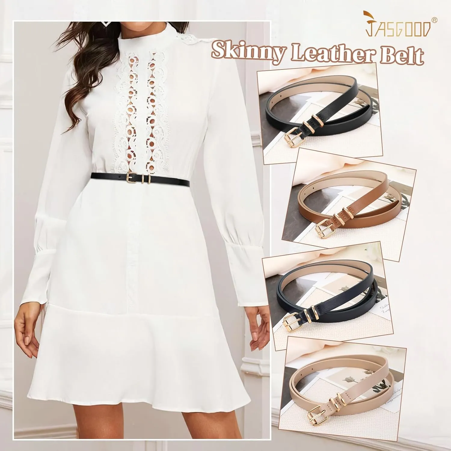 JASGOOD Women Skinny Leather Belt for Pants Jeans Ladies Thin Waist Belt for Dress