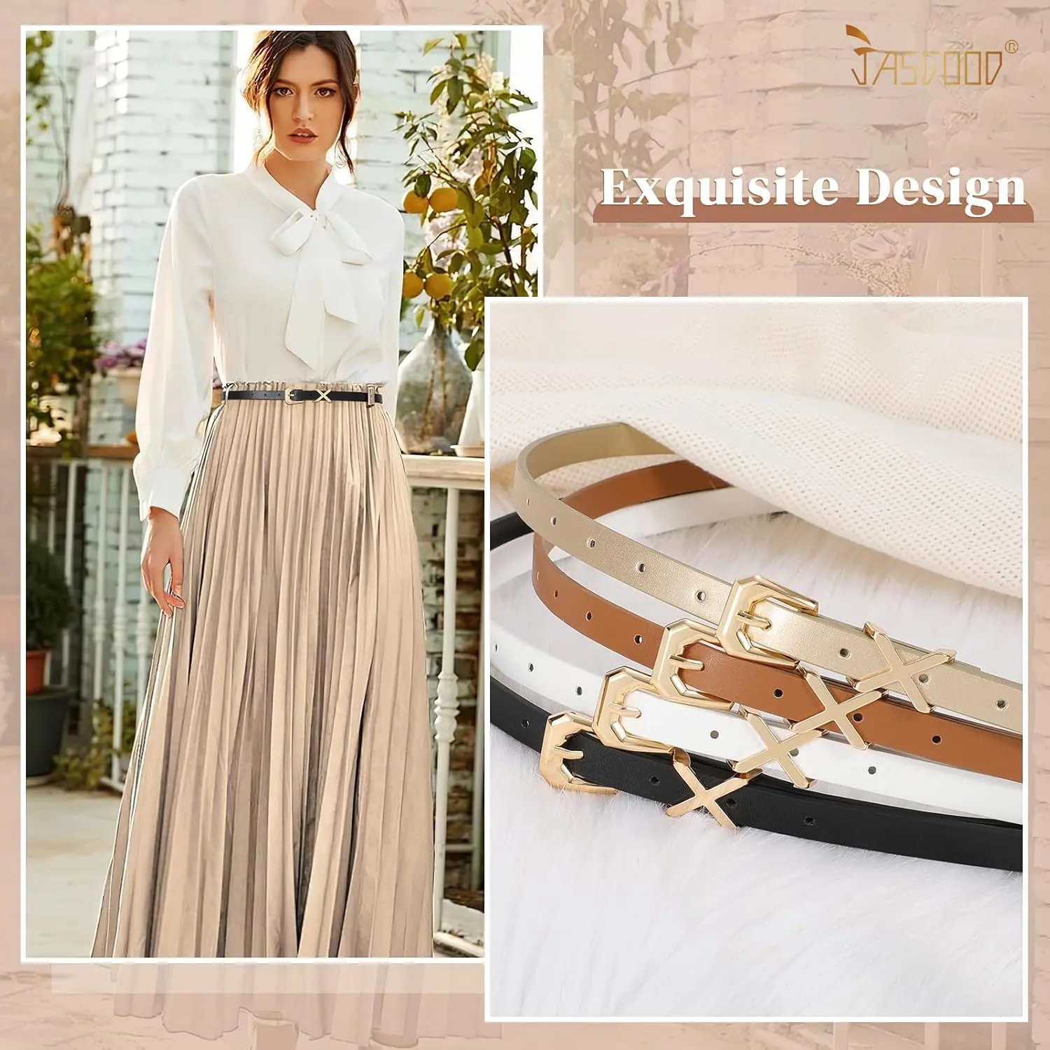 JASGOOD Women Skinny Leather Belt for Pants Jeans Ladies Thin Waist Belt for Dress