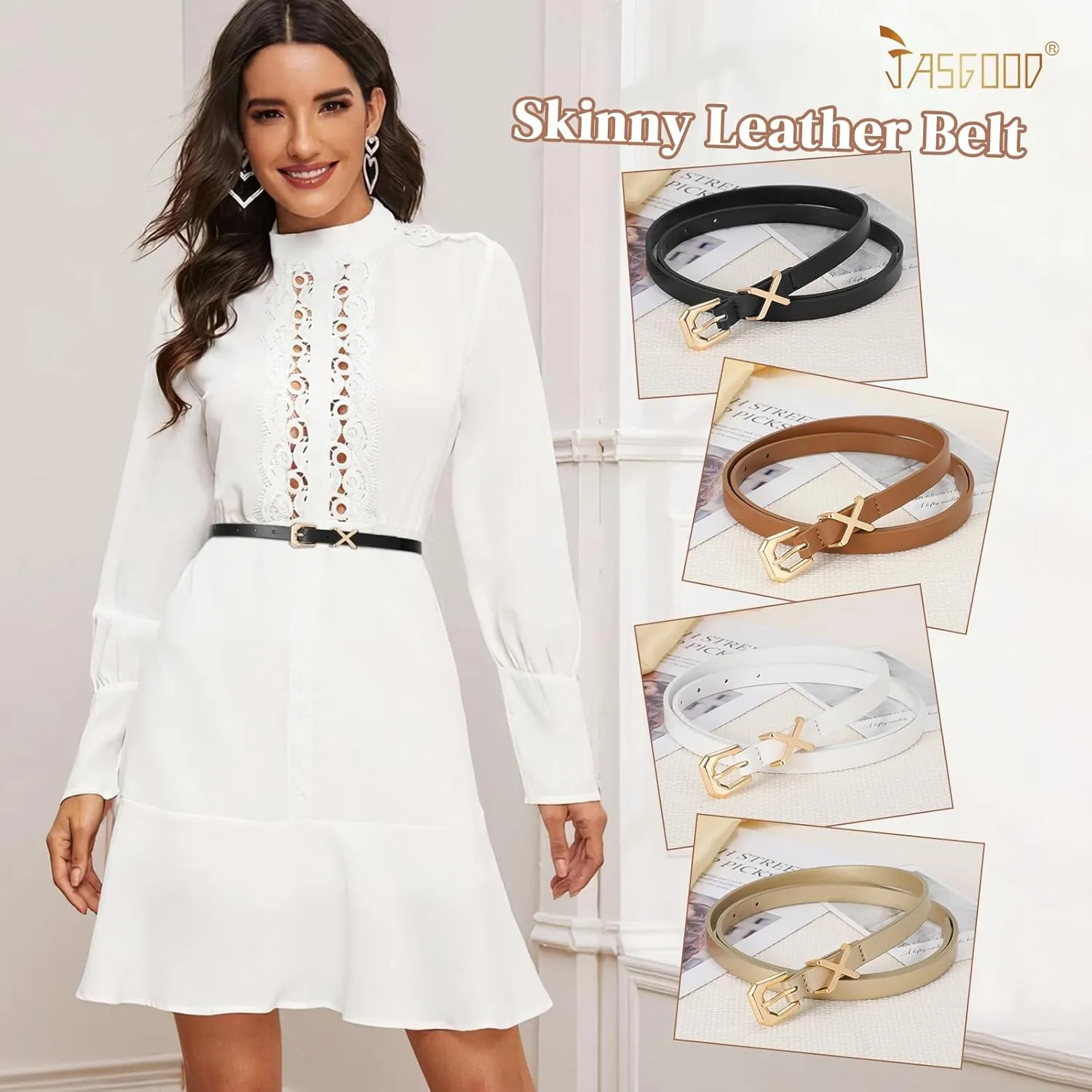 JASGOOD Women Skinny Leather Belt for Pants Jeans Ladies Thin Waist Belt for Dress